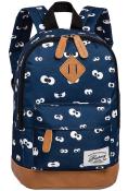 Kleiner Rucksack in dunkelblau mit weißen Augenmustern. Lederakzente an Reißverschluss und Boden.