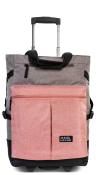 Grau-rosa Reisetasche mit Teleskopgriff. Große Haupttasche und eine vordere Reißverschlusstasche.
