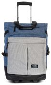 Trolley-Tasche in Blau und Grau. Mit einem ausziehbaren Griff und einer großen Fronttasche.