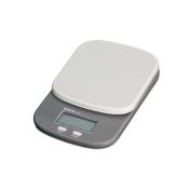 digitale Küchenwaage in grau und weiß. Rechteckige Wägefläche. LCD-Display mit Tasten für Tara und Ein/Aus.
