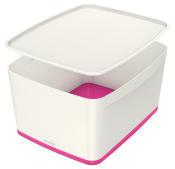 weiße Aufbewahrungsbox mit pinkem Boden. Abnehmbarer Deckel. Rechteckige Form. Innenraum in pink.