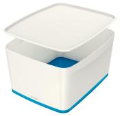 weiße Aufbewahrungsbox mit blauer Unterseite. Der Deckel ist abnehmbar.