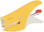 Gelber Hefter mit ergonomischem Design. Der Auslöser ist rot und die Klammeraufnahme ist sichtbar.