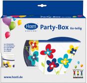 Party-Box mit bunten Blumenmotiven. Enthält Teller, Becher, Servietten, Messer und Gabel.