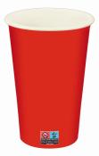 roter Becher aus Kunststoff mit hellem Rand. Einfaches, schlichtes Design.