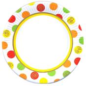 Pappteller mit bunten Punkten in verschiedenen Farben. Der Teller hat einen weißen Hintergrund.