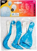 Packung mit 12 Luftballons in Blau und Weiß. Auf den Ballons steht 'It's a Boy'. Geeignet für Helium.
