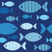 Muster mit verschiedenen Fischen in Blau- und Türkistönen. Die Fische haben unterschiedliche Formen und Streifenmuster.