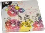 Papierserviette mit bunten Luftballons und Geschenken. Zeichnungen auf weißem Hintergrund.