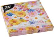 Papierservietten mit buntem Blumenmuster. Farben: Gelb, Pink, Blau, Weiß. Verpackt in quadratischer Form.