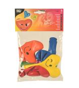 Sechs bunte Luftballons in Herzform mit lächelnden Gesichtern. Farben sind rot, blau, gelb und grün.
