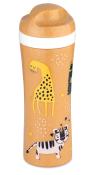 Beige Trinkflasche mit bunten Tiermotiven. Enthält eine Giraffe und einen Tiger.