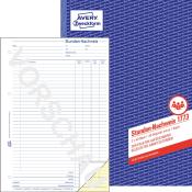 Stunden-Nachweisformular von Avery. Blaues Cover mit Logo. Innenseite mit Tabellen für Arbeitsstunden. Platz für Name, Datum, Projekt. 40 Blätter, selbstdurchschreibend.
