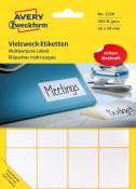 Gelbe Verpackung mit dem Aufdruck 'Vielzweck-Etiketten'. Enthält 384 weiße Etiketten in verschiedenen Größen.
