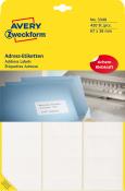 Gelbe Verpackung für Adressetiketten. 420 Stück, Größe 67 x 38 mm. Abgebildete blaue Umschläge mit einem weißen Etikett. Druckschrift auf dem Etikett.