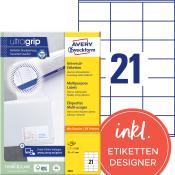 Produktverpackung für Universal-Etiketten von Avery. Enthält Informationen zu Anwendung und Größe der Etiketten.