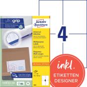 Produktverpackung für Universal-Etiketten. Enthält Informationen zu Anwendung und Druckerkompatibilität.