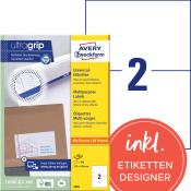 Gelbe Verpackung mit dem Schriftzug 'Avery Zweckform'. Universal-Etiketten für Versand. 200 Etiketten, Größe 210 x 148 mm. Inkl. Etiketten-Designer.