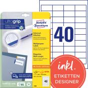 Packung mit Universal-Etiketten von Avery. 40 Etiketten auf einem Bogen, geeignet für alle Drucker.