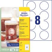 Runde, ablösbare Etiketten für Marmelade. Verpackung zeigt ein Glas mit Erdbeermarmelade.