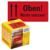 Rote Warnetiketten mit schwarzem Text. Hinweis: Oben! Nicht stürzen!