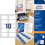 Packung mit Visitenkarten. 25 Karten pro Packung. Weiß, matt, mikroperforiert. Druckerfreundlich. Beispielkarte mit blauem Design und Kontaktdaten.