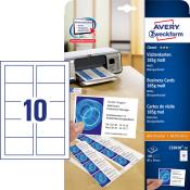 Visitenkarten mit mikroperforierter Kante. Enthält Beispielinformationen und wird in einem Drucker verwendet.