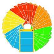 Bunte Aufkleber in verschiedenen Farben. Jede Farbe hat ein einheitliches Design mit mehreren Feldern.