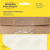 Packung mit runden, durchsichtigen Verschluss-Etiketten. 225 Etiketten mit einem Durchmesser von 38 mm.