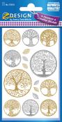 Stickerbogen mit verschiedenen Baum-Motiven in Gold und Silber. Enthält auch einige Blätter.