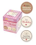 Karton mit 50 bunten Stickern in drei Designs. Aufkleber mit den Aufschriften 'Herzlichen Glückwunsch' und 'Happy Birthday'.