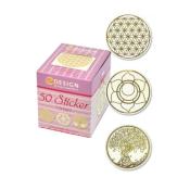 Schachtel mit 50 goldenen Stickern in drei Designs. Designs zeigen geometrische Muster und einen Baum.