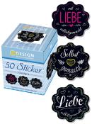 Box mit 50 wiederverwendbaren Aufklebern in drei Designs. Aufkleber mit Texten wie 'mit Liebe' und 'selbstgemacht'.