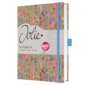 Notizbuch mit floralem Design in sanften Farben. Titel Jolie und Aufschrift Notizbuch auf der Vorderseite.