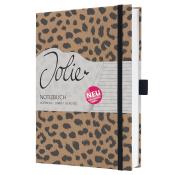 Notizbuch mit Leopardenmuster. Titel Jolie und Hinweis auf Neuheit.