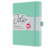 Mintgrünes Notizbuch mit elastischem Verschluss. Auf dem Cover steht 'Jolie Notizbuch' und 'NEU'.