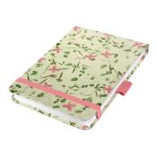 Notizbuch mit floralem Design in grün und rosa. Gummibandverschluss und leicht gebundene Seiten.