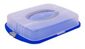 Transparente Aufbewahrungsbox mit blauer Unterseite. Deckel mit Griff und Verschluss.