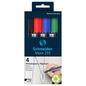 Packung mit vier Markern in den Farben Schwarz, Rot, Blau und Grün. Für Whiteboard und Flipchart geeignet.