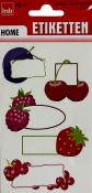 Aufkleber mit Obstmotiven wie Kirschen, Erdbeeren und Himbeeren. Enthält leere Beschriftungsfelder.