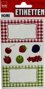 Drei Bogen mit Etiketten. Oben rot-weiß kariert, leerer Bereich zum Beschriften. Unten bunte Obstillustrationen: Kirsche, Erdbeere, Pflaume, grüne Apfel, Himbeere, rote Trauben.