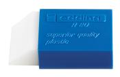 blauer Radiergummi mit weißer Spitze. Auf der Oberseite steht 'edding R 20' und 'superior quality plastic'.