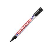 Schwarzer Filzstift mit runder Spitze. Der Körper ist weiß mit rotem und blauem Aufdruck.