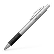 silberner Kugelschreiber mit schwarzem Gummi-Griff. Faber-Castell Logo auf dem Schaft. Klipp zum Befestigen.