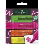 Set von vier Textmarkern in leuchtenden Farben. Verpackung zeigt die Marke Faber-Castell.