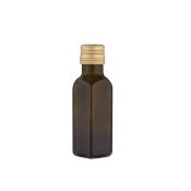 Braune Flasche mit goldfarbenem Schraubverschluss. Die Flasche hat eine rechteckige Form.
