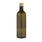 Grüne Glasflasche mit goldfarbenem Schraubverschluss. Schlichte, rechteckige Form.