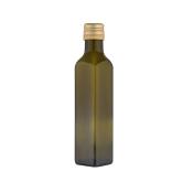 grüne Flasche mit goldfarbenem Schraubverschluss. Die Flasche hat eine rechteckige Form.