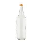 klare Glasflasche mit schmalem Hals und goldenem Schraubverschluss. Keine Etiketten oder Aufdrucke sichtbar.