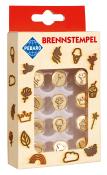 Set mit 12 Brennstempeln in verschiedenen Formen. Verpackung aus Holz mit transparentem Fenster.